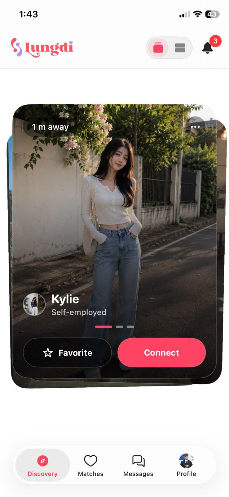 The Lungdi Discovery screen showing a nearby profile with Favorite and Connect buttons